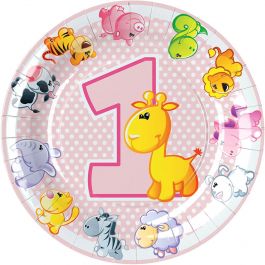 Piatti Carta Primo Compleanno Rosa Bambina con Animaletti