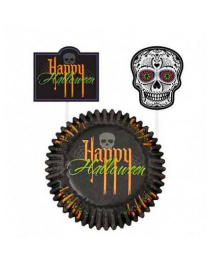 Set Pirottini e Pick per Muffin Pvc Teschio Happy Halloween