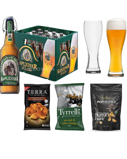 Cassa da 10 Birre KAPUZINER HEFE WEISSBIER 50cl + Bicchiere da Birra in Vetro + Selezione di 3 Premium Chips