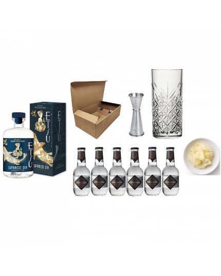 Kit Japanese GIN & TONIC Etsu Pacific Ocean Water Gin Limited Edition + Yuzu Tonic Water + Bicchiere Tumbler Alto + Jigger Professionale + Zenzero fresco a fette ideale per l'abbinamento !